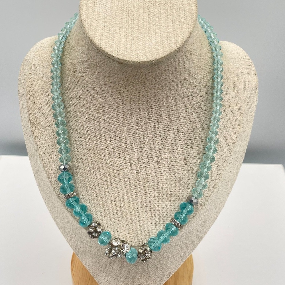 Vintage Aquamarine Blue Crystal Beaded Necklace Statement Sparkling‎ Cluster 20"